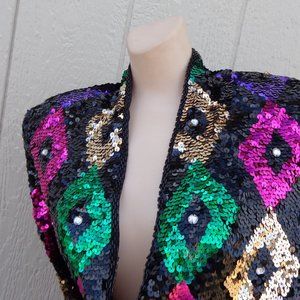 Vintage Black Sequinned Open Evening Party Wedding Disco Jacket S